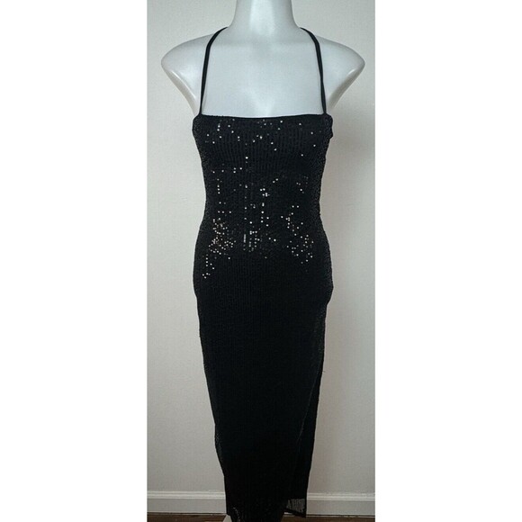 Nasty Gal Sexy Sequin Bandeau Lace Up Back Midi Semi-Formal Slit Dress Sz 4 NEW - Picture 5 of 9